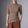 Camiseta de malha base gola alta 100% imitação de lã pura para mulheres, manga média, padrão espinha de peixe, suéter slim fit, top para camada interna