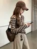 Cardigan de Punto con Rayas Estilo Coreano Cuello Redondo Manga Larga para Mujer 2026 Nuevo Principios de Otoño Top de Alta Gama Holgado Adelgazante