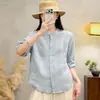 Nuevo Cárdigan Versátil de Cinco Mangas para Verano Adelgazante Algodón Lino Manga Media Color Sólido Versión Lisa Camisa Top de Manga Corta Ropa de Mujer