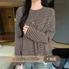 Camiseta de Manga Larga a Rayas con Bloques de Color Retro de Cuello Redondo Pequeño para Mujer, Top de Estilo Perezoso, Capa Base de Manga Larga