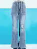 Suministro Exclusivo Transfronterizo de Jeans Rasgados Estilo Americano, Pantalones de Mujer Rectos de Pierna Ancha de Tiro Alto Elásticos Lavados con Cordón