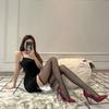Medias sexys de color contrastante con borde rojo, largas, de extremo abierto, sexys, hasta la rodilla, moldeadoras de piernas, tentación, discoteca, calcetines de tirantes tipo body para mujer
