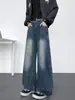 Calça jeans americana com estampa splash ink e perna curva, coleção de outono masculina, calça de perna larga lavada e solta da moda, calça casual reta para homens