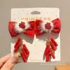 Horquilla Roja de Año Nuevo para Niñas con Lazo, Accesorio para el Cabello, Tocado Tradicional Chino de Año Nuevo, Pinza para el Cabello con Peluca de Estilo Chino para Niñas Hanfu