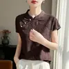 Nueva Camiseta Suelta de Punto con Cuello Alto de Seda Estilo Chino, Manga Corta, Jacquard Pesado para Mujer