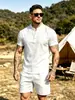 Conjunto de camiseta Henley de manga curta e shorts masculinos de algodão e linho, europeu e americano, para o verão, casual, respirável, conjunto para férias na praia