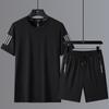 Conjunto Esportivo Casual de Seda Gelada Masculino de Tamanho Grande para o Verão Conjunto de Três Peças Camiseta de Gola Redonda Masculina Calças de Manga Curta Soltas de Secagem Rápida