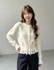 Suéter de renda patchwork versátil e elegante, estilo coreano, para outono e inverno, novo para mulheres, top de tricô estilo doce com cintura marcada
