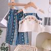 Verano nuevo niñas encaje bordado cuello cuadrado camisa de muñeca capullo de flor falda corta conjunto de dos piezas traje TX1185
