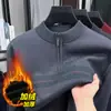 Suéter Quente Masculino para Meia-Idade e Idosos Inverno Padrão Diamante Zíper Gola Alta Meio Forrado com Lã Roupa de Tricô de Lã do Pai