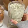 Copo de Vidro de Bambu com Listras Verticais da Moda com Tampa de Canudo, Copo para Café Gelado e Chá com Leite, Copo de Bebida Doméstico Estilo Ins