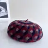 Boina de Lã de Coelho Angorá Estilo Zg para Mulheres, Chapéu de Tricô Quente para Outono e Inverno, Xadrez Diamante Colorido, Chapéu de Artista Moderno