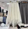 Nova Coleção Primavera/Verão 2026 Saia de Renda com Barra Irregular Feminina Cintura Alta Comprimento Médio Saia de Organza Costurada