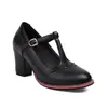 Nuevos zapatos europeos y americanos para mujer, punta redonda, tacón grueso, zapatos de tacón alto para mujer, tira en T con patrón brogue, zapatos de exportación para mujer