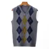 Chaleco de lana con cuello en V para otoño e invierno, chaleco de punto grueso sin mangas para hombre con patrón de rombos, se usa debajo de un suéter de jacquard, chaleco de hombre