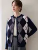 Cárdigan de punto de cachemira con retazos de diamantes retro y bloques de color para mujer, otoño invierno, estilo universitario, suéter versátil, abrigo de lana holgado