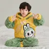 Ropa de Dormir de Invierno para Niños de Comercio Exterior, Acolchada con Forro Polar de Terciopelo Coral, Trajes de Dibujos Animados para Niños, Ropa para Casa Linda con Capucha para Niños
