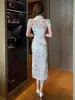 Nuevo Vestido Cheongsam de Malla Estilo Chino para Mujer, Estampado Floral de Verano, Cuello Alto, Escote Hueco, Corte Ajustado, Talla Petite, Abertura, Vestido Bodycon