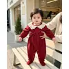 Body Nuevo para Bebé Niña Primavera y Otoño Color Rojo Vino Cuello con Adorno de Encaje Mameluco con Lazo Traje para Gateo al Aire Libre de Manga Larga para Primer Cumpleaños
