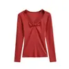 Camiseta de Manga Larga Cuadrada con Tirantes Cruzados, Moderna y Elegante para Mujer, Nuevo Modelo de Primavera, Versátil Camisa Base de Color Sólido Ajustada