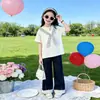 Conjunto de Camiseta de Manga Corta con Chal Estilo Academia Fresco Falso Dos Piezas para Niñas Conjunto de Dos Piezas con Pantalones de Pierna Ancha Ropa de Verano para Niños