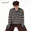 Suéter Retro Americano de Rayas y Bloques de Color con Cuello Redondo para Hombres y Mujeres Otoño Marca de Moda Cardigan Perezoso Holgado Ajuste Relajado Ropa de Abrigo