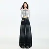 Jeans Vintage Azul Lavado de Cintura Baixa Wide Leg para Mulheres 2026 Novo Estilo Americano High Street Calças Retas Soltas Emagrecedoras Comprimento Total