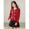 Jaqueta Cardigan de Tricô com Flor Tridimensional Suave Feminina Outono/Inverno Peça de Exterior Cardigan de Tricô Solto Vermelho