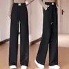 Calças casuais pretas com lantejoulas, forradas com fleece, para mulheres, com bolsos e cordão, calças retas de cintura elástica para outono e inverno, transfronteiriças