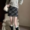 Saia xadrez de lã feminina outono e inverno vintage saia xadrez cintura alta emagrecimento saia linha A saia de lã quadril
