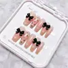 Rosa Nude Negro Lazo Dulce Manicura Linda y Juguetona Estilo Uñas Largas Usables 10 Piezas de Parches para Uñas Postizas