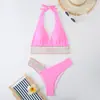Maiô Duas Peças Liso de Cor Nova para Mulheres, Popular na Europa e América, Biquíni Sexy Justo, Maiô Push-Up de Cintura Alta com Decote Halter