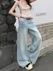 Jeans acampanados de pierna ancha azul claro para mujer, nuevo estilo otoño 2026, de cintura alta, modernos, con bolsillos traseros bordados, holgados y de largo hasta el suelo