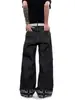 Jeans retro americanos de pierna ancha con remaches para hombre con remaches metálicos en los bolsillos traseros, dobladillo enrollado, diseño estampado, corte holgado, pierna recta, pantalones de largo hasta el suelo