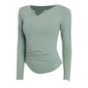 Nova Roupa de Yoga Fina para Primavera e Outono cor Nude com Decote V Slim Fit Manga Longa Camiseta de Corrida Roupa Esportiva Externa Top Blusa para Mulheres