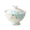 Gaiwan de Cerámica Blanca con Diseño Floral y de Peces Pintado a Mano para Uso en Casa, Juego de Té Kung Fu Hecho a Mano, Taza de Té Gaiwan de Cerámica