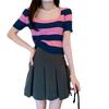 Suéter de Cuello Cuadrado Camiseta de Rayas Chica Hot Ajustado Manga Corta Top Fino Verano Corto Moda Camiseta Básica Moderna