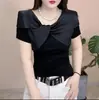 Shawl de Algodón Peinado + Hilo Perlado con Color Contrastante Camiseta de Algodón de Manga Corta para Mujer Top de Manga Corta
