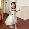 [Estilo Grande Promoção] Vestido Doce Estilo Meninas Laço Tridimensional Verão Estilo Infantil Gola Halter Sem Mangas Vestido de Princesa