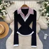 Top de manga larga ajustado estilo commuter para mujer, con cuello polo de color block estilo coreano, imitación de dos piezas, camiseta básica de otoño 2026