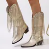 Moda Transfronteiriça Europeia e Americana Botas de Moda de Cano Médio para Mulheres, Exportação Tamanho Grande Retrô Salto Grosso Plissado Pé V-Boca Cavaleiro Ocidental