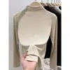 Camiseta Manga Longa Gola Meia-Alta Regular Melanóide Bambu Escovado Algodão Ombro Normal Top Versátil Emagrecedor Gola Integrada Outono