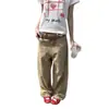 Calça Jeans Cargo Khaki de Perna Larga para Mulheres Design Novo de Primavera Cintura Alta Solta Modeladora Reta Casual