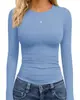 Camiseta informal de manga larga ajustada de color liso con estampado y cuello redondo para mujer, popular en Europa y América, de la marca Amazon TK, para exportación transfronteriza