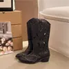 Botas vaqueras de media pantorrilla para mujer, nueva colección de verano 2026, con diseños calados, detalles bordados, remaches de estilo vintage y tacones gruesos, botas de moda