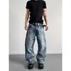 Jeans vintage lavados y desgastados estilo American high street con orejas de gato para hombre, de pierna recta de moda, ligeramente acampanados, adelgazantes, pantalones de corte limpio