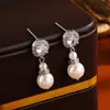 Brincos de Pérola Redondos com Diamantes Inteiros para Mulheres, Brincos de Pérola Retrô Franceses da Moda, Joia de Orelha Elegante Personalizada Estilo Ins
