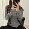 Cárdigan de Punto Calado a Rayas Estilo Coreano para Mujer, Suéter Abrigo Delgado Versátil de Manga Larga, Top Delgado de Otoño Temprano con Sentido del Diseño