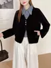Cárdigan de Punto Patchwork de Mezclilla Imitación Piel de Visón 2026 Otoño/Invierno Nuevo Elegante Pequeño Abrigo Suéter de Solapa Estilo Chanel para Mujer