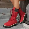 2026 Invierno Nueva Llegada Felpa Gruesa Suela Gruesa Talla Grande Plataforma Botas tipo Martin En Stock Amazon Con Cordones Tejido Media Pantorrilla Botas para Mujer